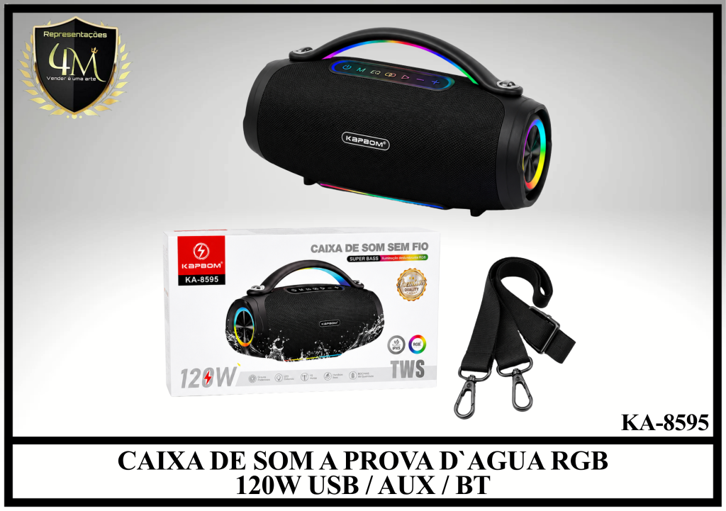 CX 03 CAIXA DE SOM A PROVA D`AGUA RGB 120W USB / AUX / BT KA-8595
