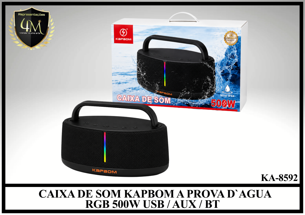 CX 04 CAIXA DE SOM KAPBOM A PROVA D`AGUA RGB 500W USB / AUX / BT KA-8592
