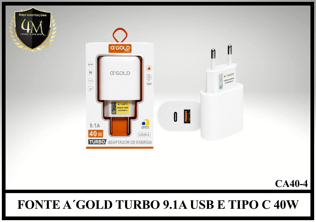 E12 - FONTE A´GOLD TURBO 9.1A USB E TIPO C 40W CA40-4