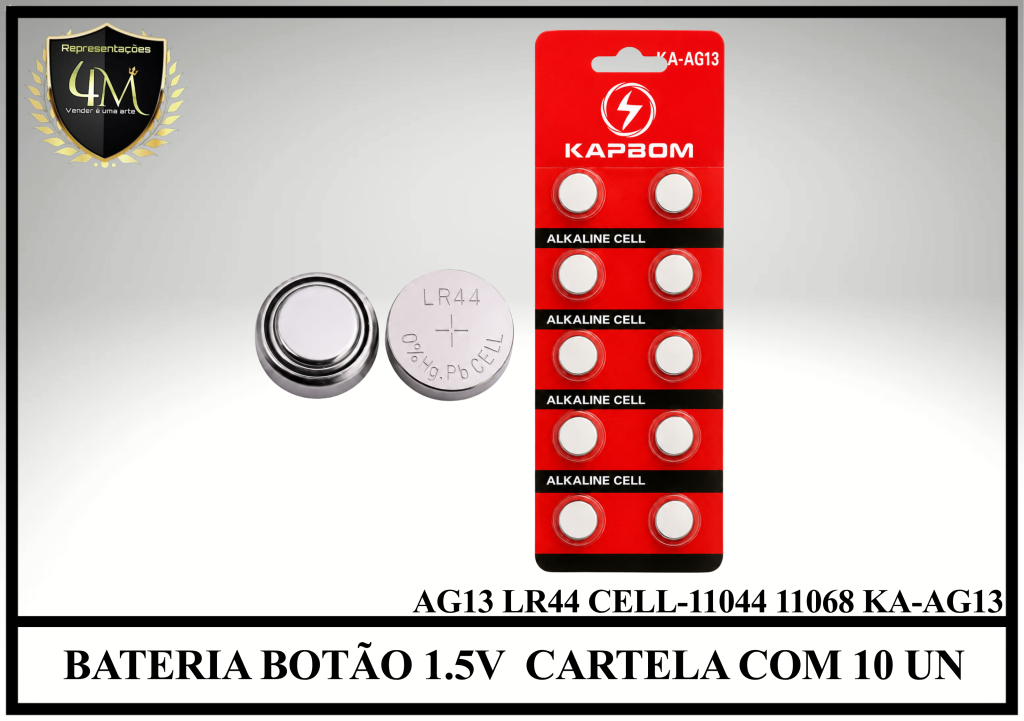 BAT 08 BATERIA BOTÃO 1.5V  CARTELA COM 10 unidades AG13 LR44 CELL-11044 11068 KA-AG13