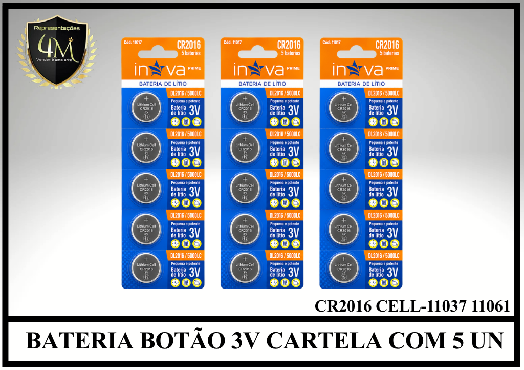 BAT 10 BATERIA BOTÃO 3V CARTELA COM 5 UNIDADES CR2016 CELL-11037 11061
