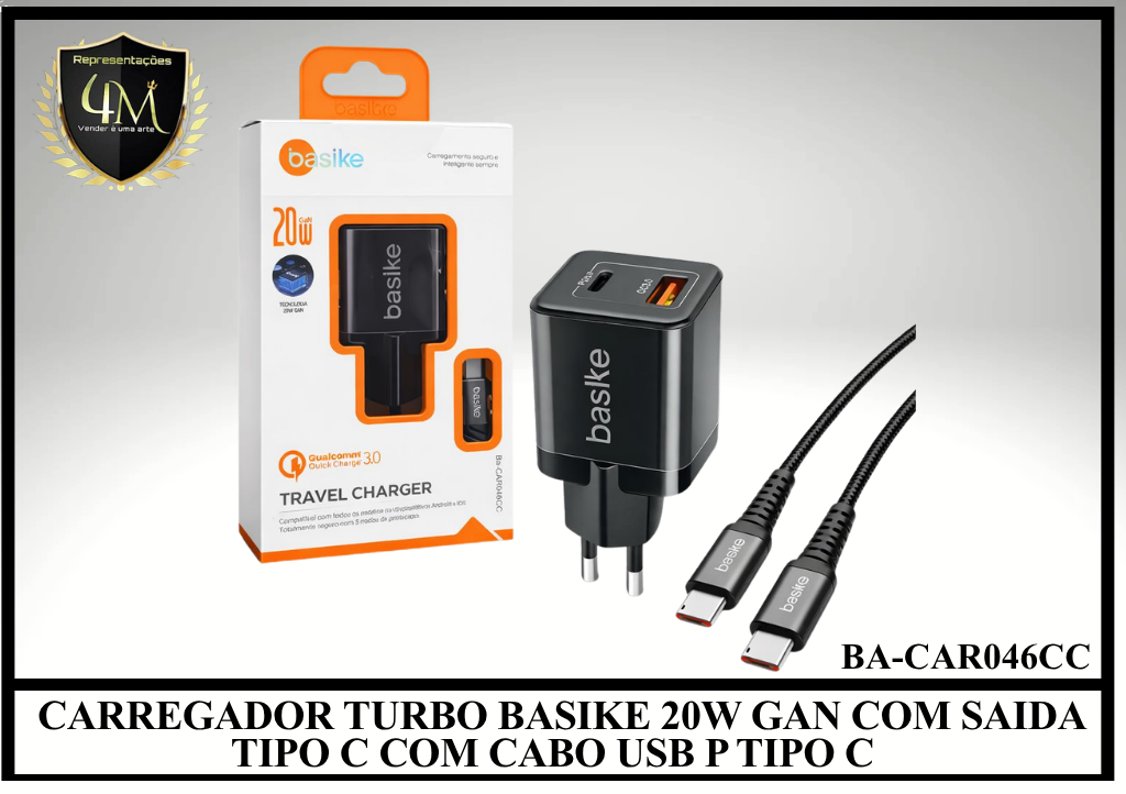 B45- CARREGADOR TURBO BASIKE 20W GAN COM SAIDA TIPO C COM CABO USB P TIPO C BA-CAR046CC