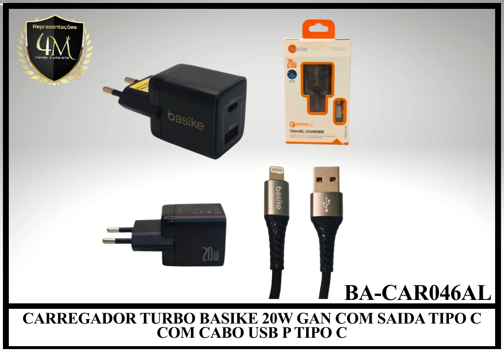B46- CARREGADOR TURBO BASIKE 20W GAN COM SAIDA TIPO C COM CABO USB-A LIGHTNING Ba-CAR046CL / Ba-CAR046AL