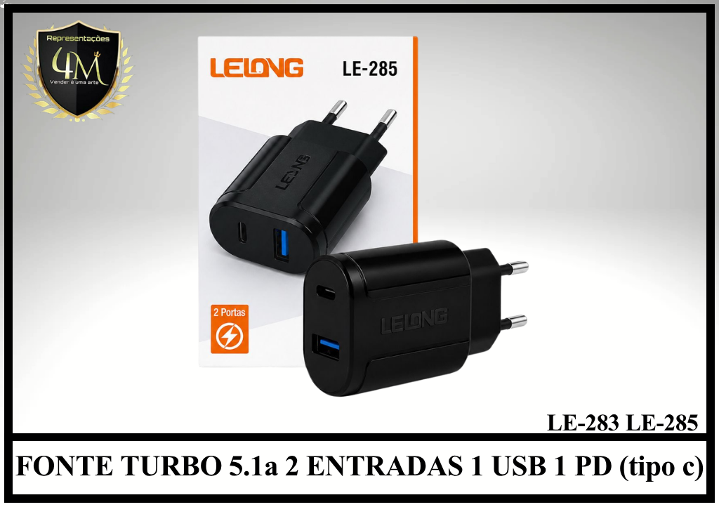 B47- FONTE TURBO 5.1a 2 ENTRADAS 1 USB 1 PD (tipo c) LE-283 LE-285