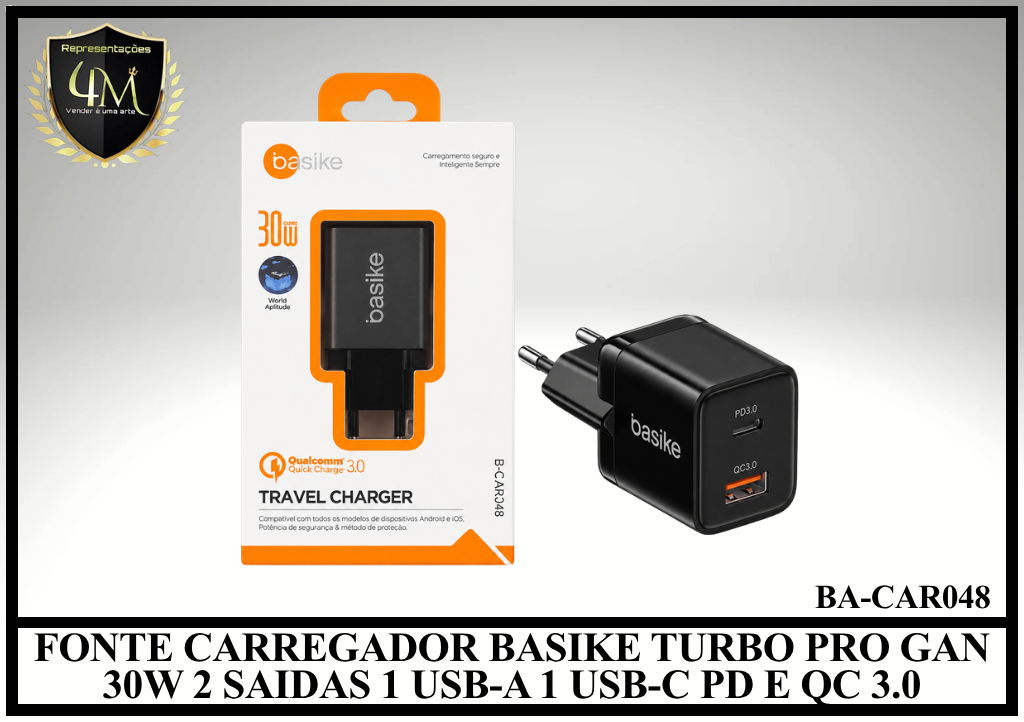 E14 - FONTE CARREGADOR BASIKE TURBO PRO GAN 30W 2 SAIDAS 1 USB-A 1 USB-C PD E QC 3.0 BA-CAR048