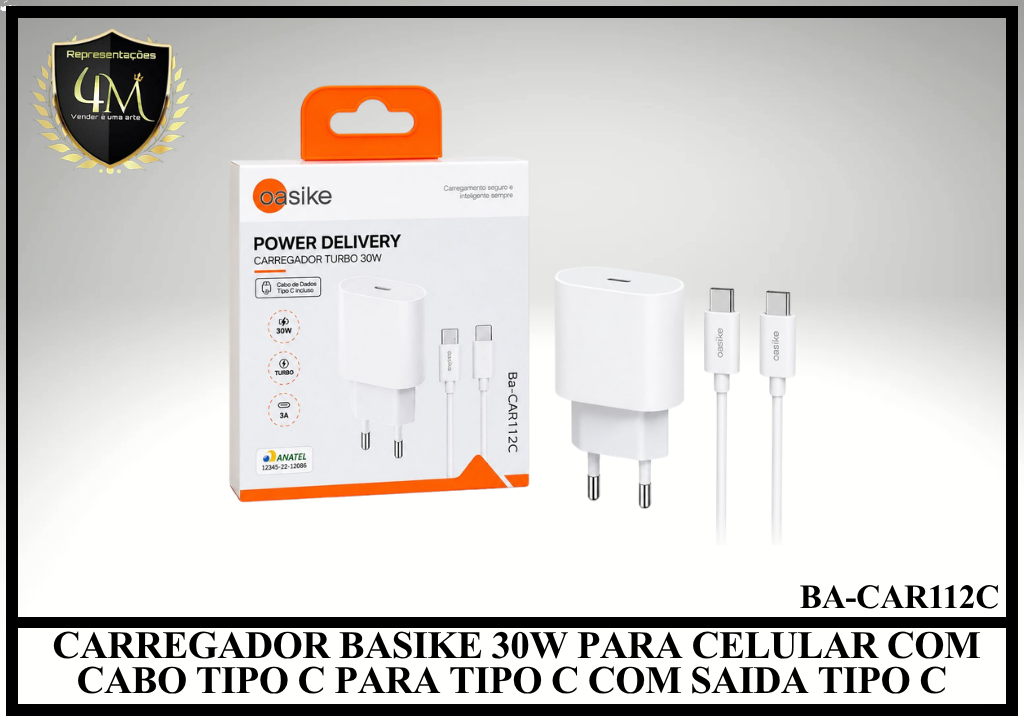 B48- CARREGADOR BASIKE 30W PARA CELULAR COM CABO TIPO C PARA TIPO C COM SAIDA TIPO C BA-CAR112C