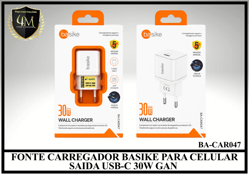 E15 - FONTE CARREGADOR BASIKE PARA CELULAR SAIDA USB-C 30W GAN BA-CAR047