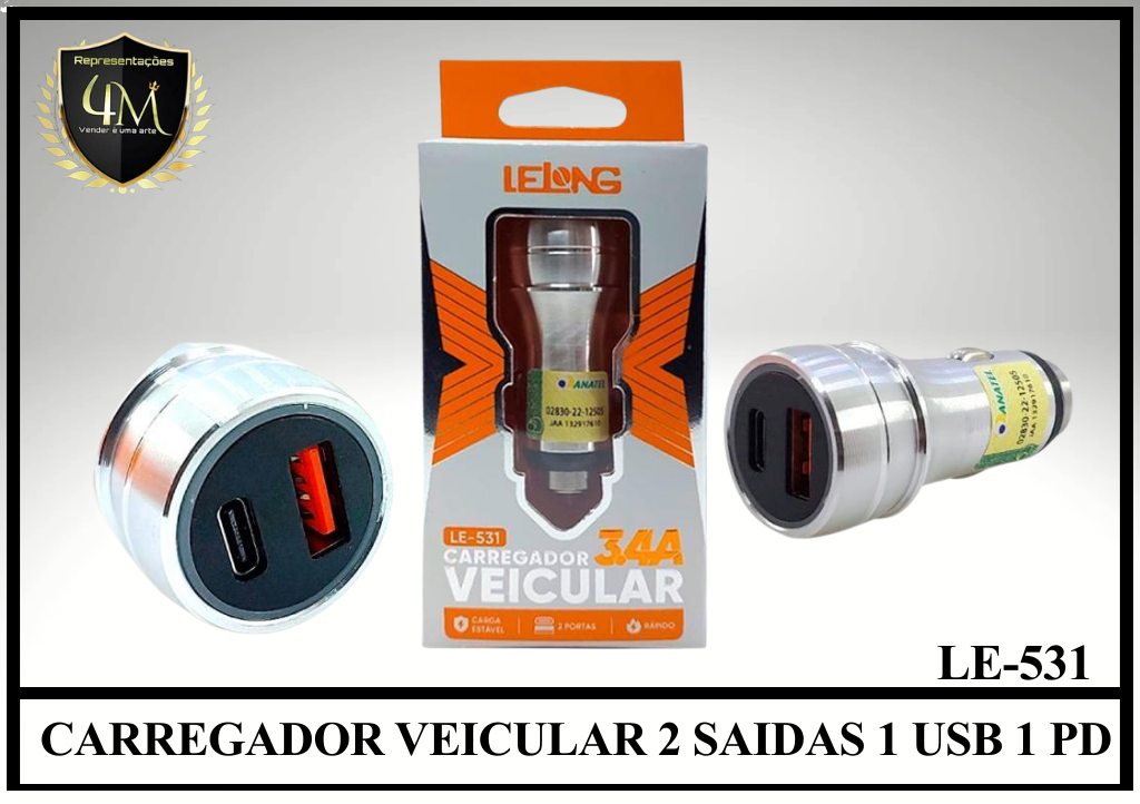 F09 - CARREGADOR VEICULAR 2 SAIDAS 1 USB 1 PD LE-531