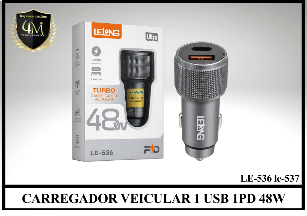 F10 - CARREGADOR VEICULAR 1 USB 1PD 48W LE-535 / LE-536 / LE-537