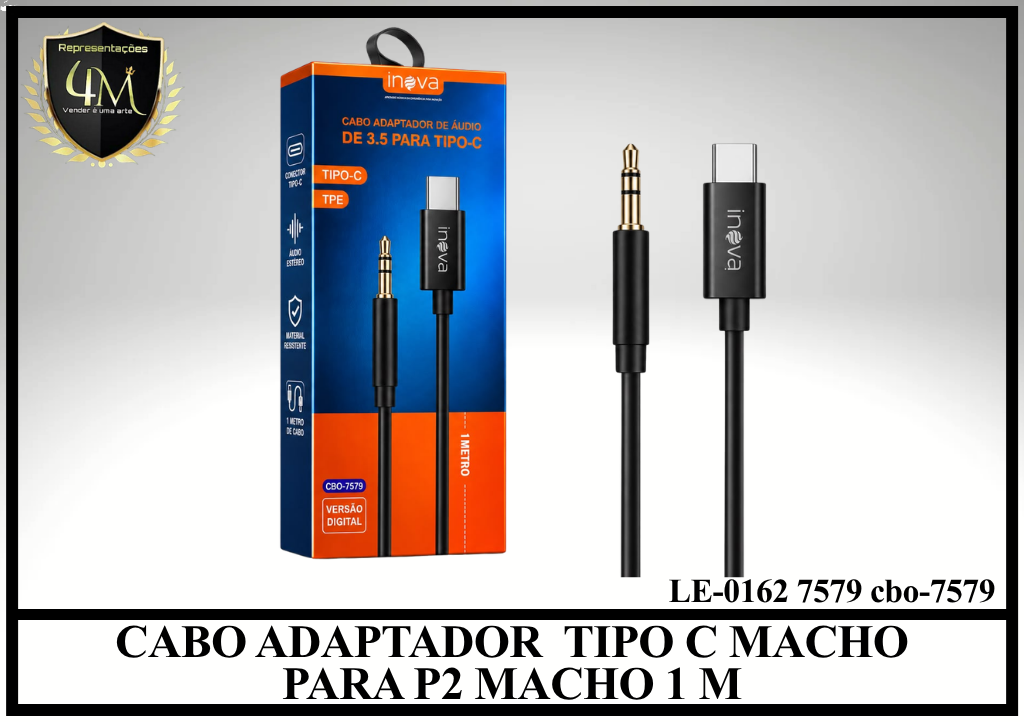 A65 - CABO ADAPTADOR  TIPO C MACHO PARA P2 MACHO 1 METRO LE-0162 7579 cbo-7579