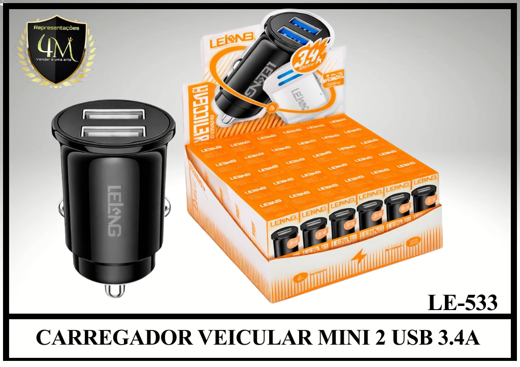 F12 - CARREGADOR VEICULAR MINI 2 USB 3.4A LE-533