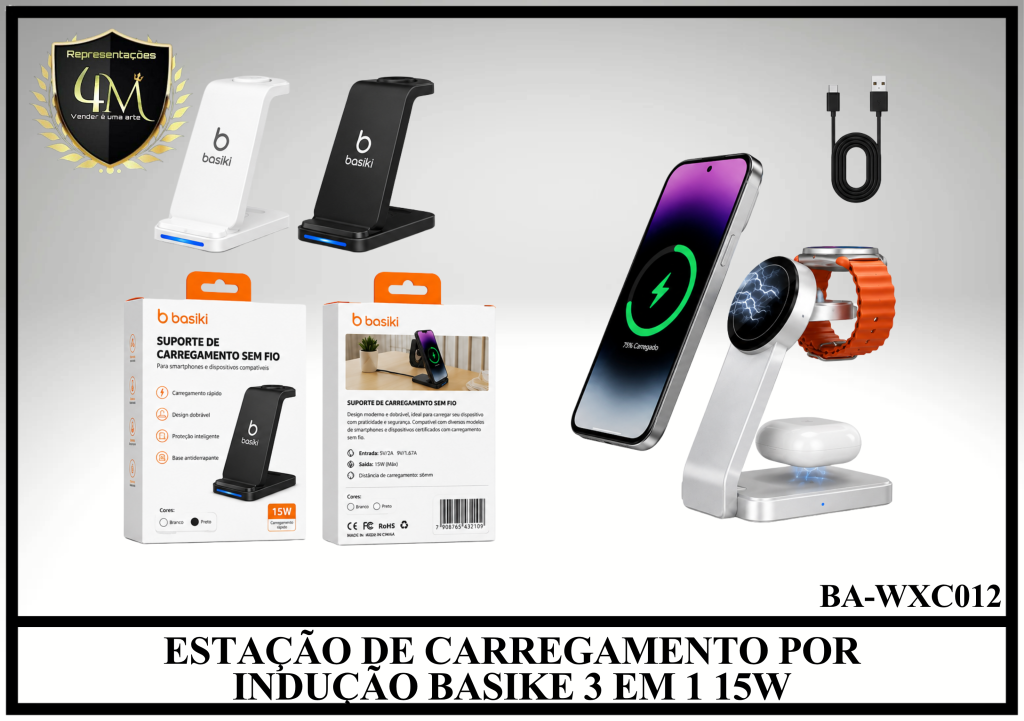 CARIND 03 ESTAÇÃO DE CARREGAMENTO POR INDUÇÃO BASIKE 3 EM 1 15W Ba-WXC012