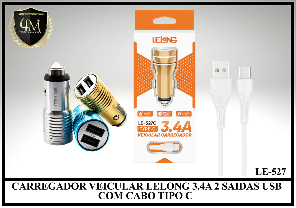 F13 - CARREGADOR VEICULAR LELONG 3.4A 2 SAIDAS USB COM CABO TIPO C LE-527
