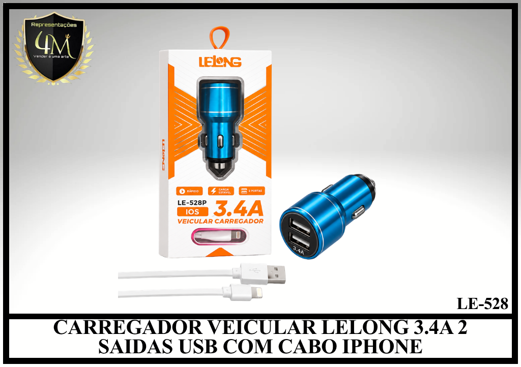 F14 - CARREGADOR VEICULAR LELONG 3.4A 2 SAIDAS USB COM CABO IPHONE LE-528