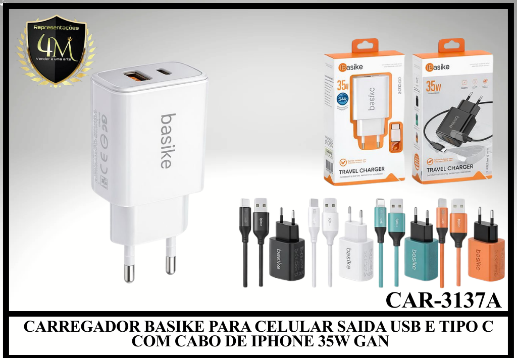 B51 - CARREGADOR BASIKE PARA CELULAR SAIDA USB E TIPO C COM CABO DE IPHONE 35W GAN CAR-3137A