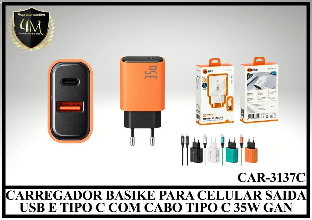 B52 - CARREGADOR BASIKE PARA CELULAR SAIDA USB E TIPO C COM CABO TIPO C 35W GAN CAR-3137C