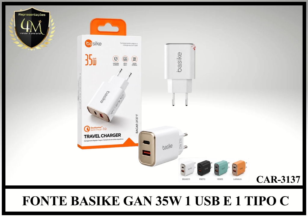 E20 - FONTE BASIKE GAN 35W 1 USB E 1 TIPO C CAR-3137