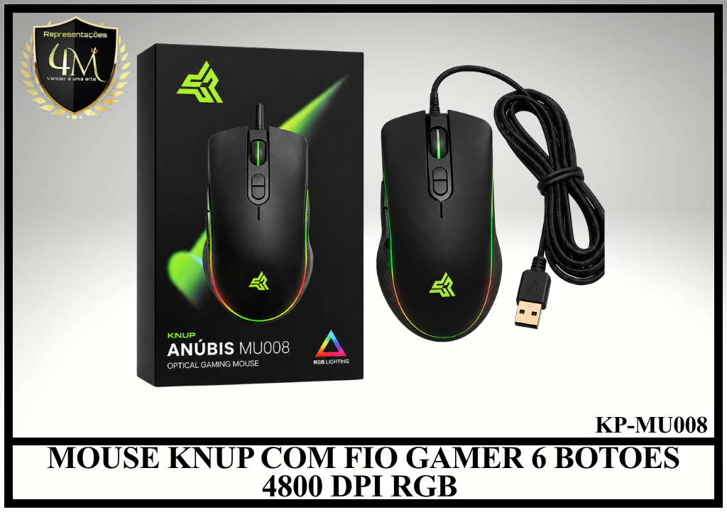 MO 05 - MOUSE KNUP COM FIO GAMER 6 BOTOES 4800 DPI RGB KP-MU008