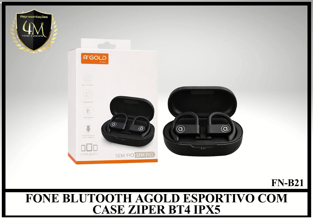 D102 - FONE BLUETOOTH A´GOLD ESPORTIVO COM CASE ZIPER BT4 IPX5 FN-B21