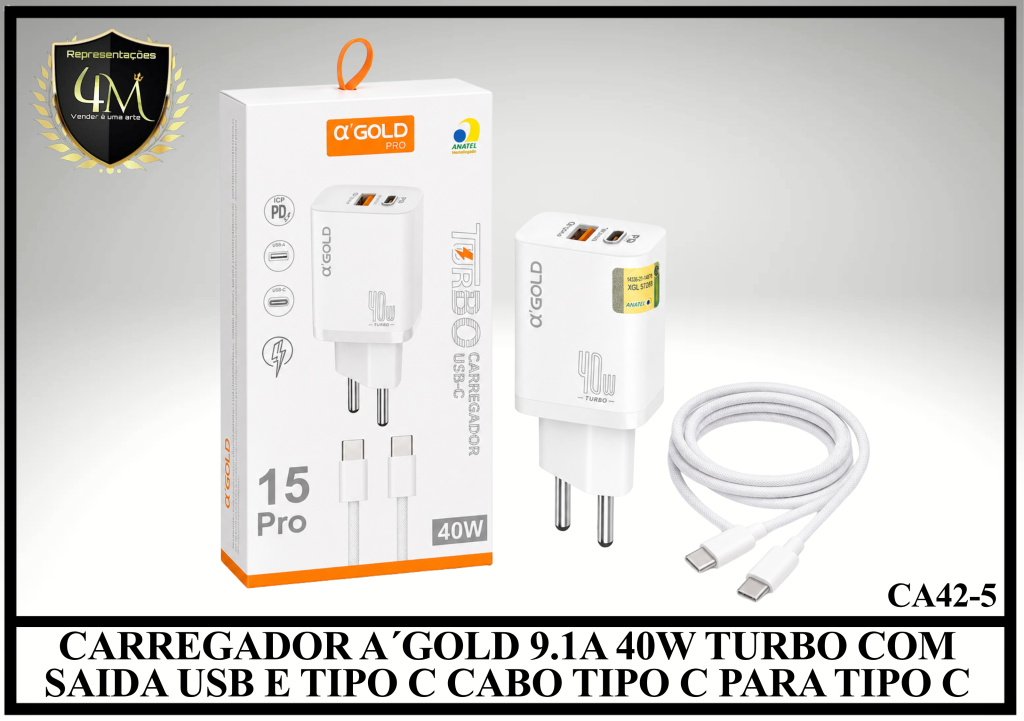 B53 - CARREGADOR A´GOLD 9.1A 40W TURBO COM SAIDA USB E TIPO C CABO TIPO C PARA TIPO C CA42-5