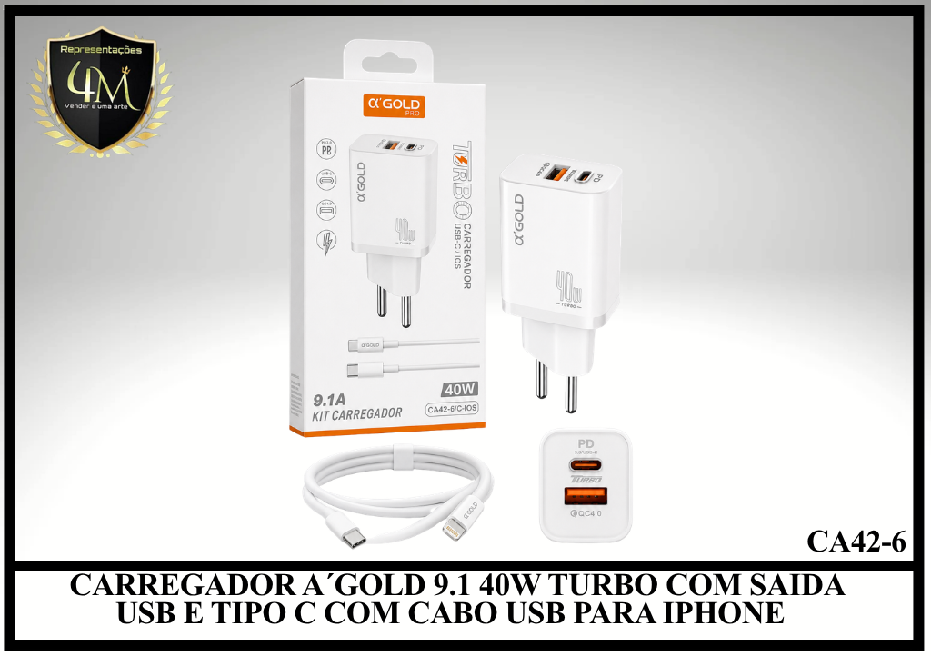 B54 - CARREGADOR A´GOLD 9.1 40W TURBO COM SAIDA USB E TIPO C COM CABO USB PARA IPHONE CA42-6