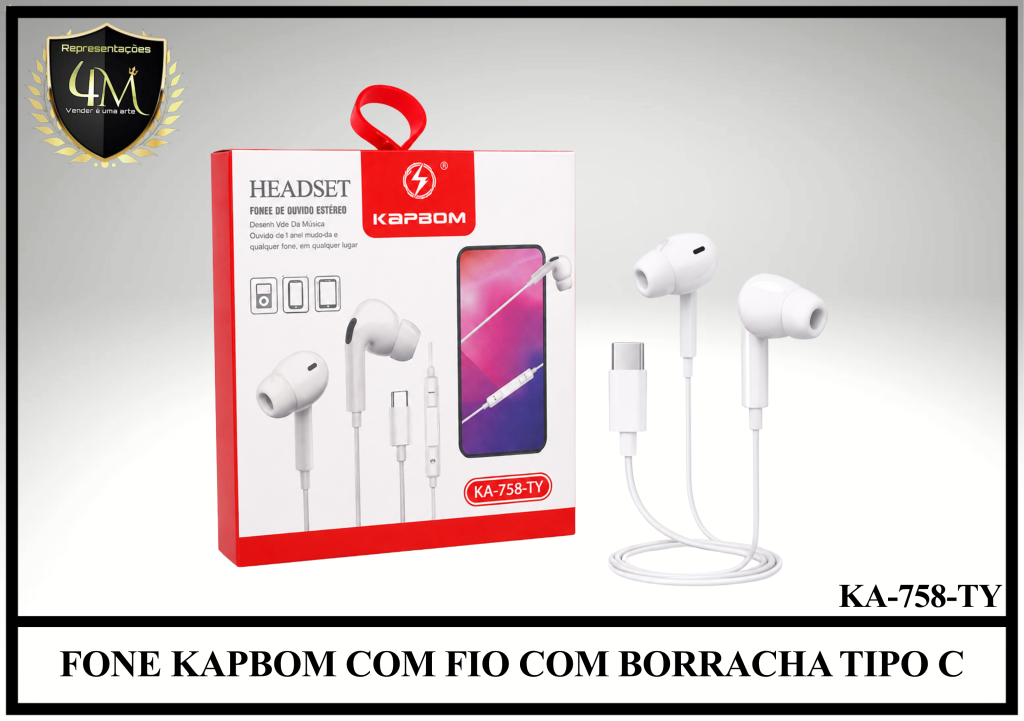 D60 - FONE KAPBOM COM FIO COM BORRACHA TIPO C KA-758-TY