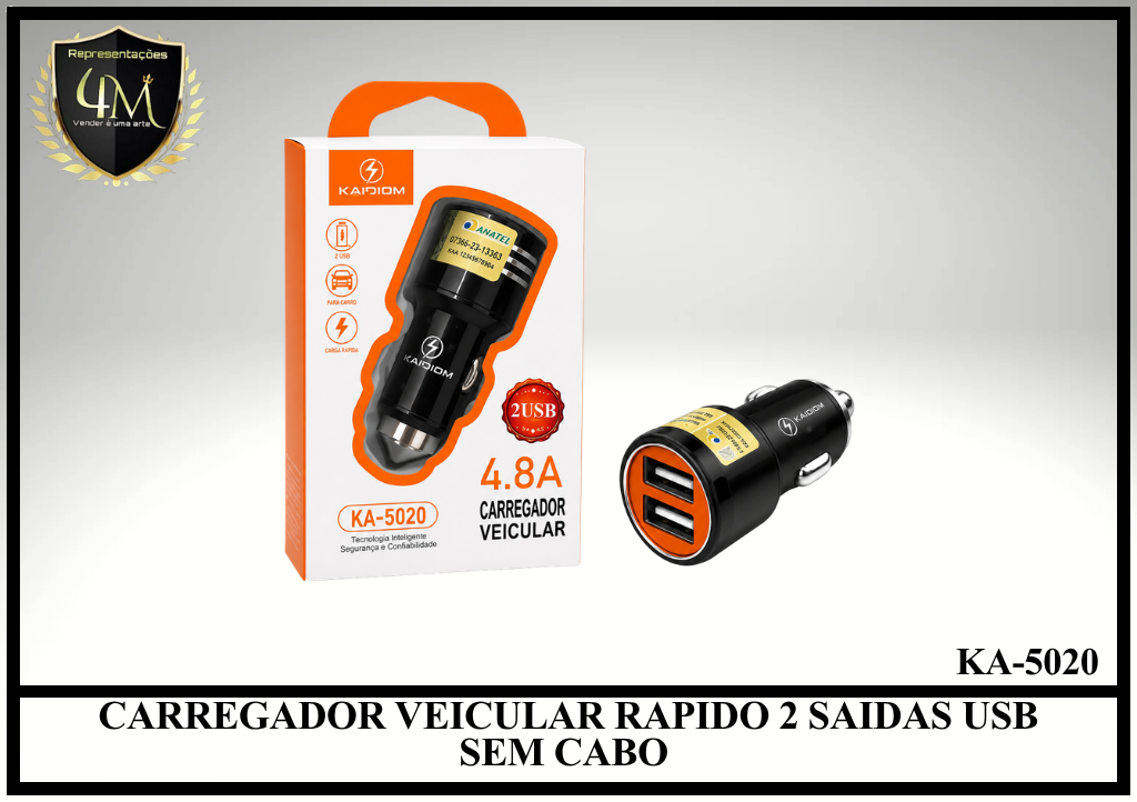 F16 CARREGADOR VEICULAR RAPIDO 2 SAIDAS USB SEM CABO KA-5020