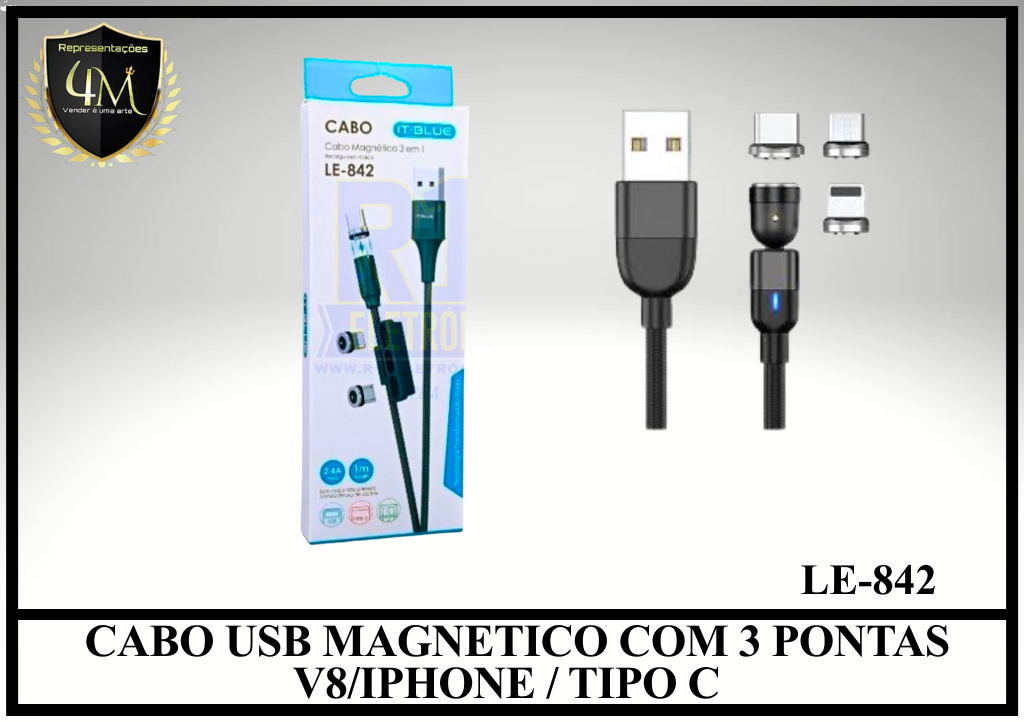 A92 - CABO USB MAGNETICO COM 3 PONTAS V8/IPHONE / TIPO C LE-842
