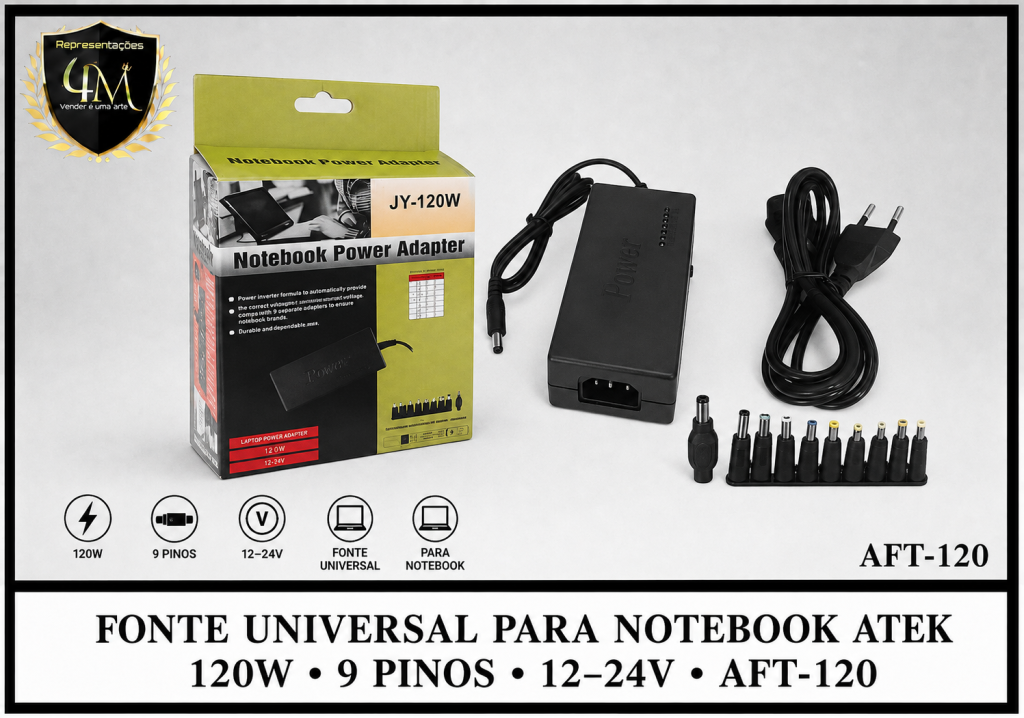FTN01 FONTE UNIVERSAL PARA NOTEBOOK 9 PINOS ATEK 120W 12-24V AFT-120
