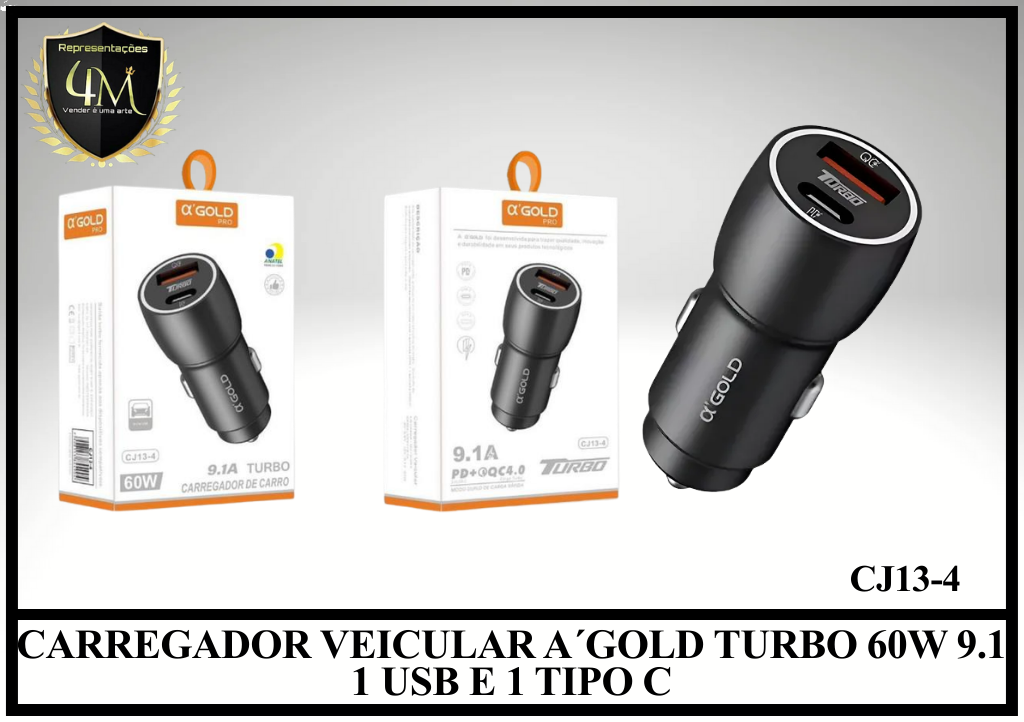 F17 CARREGADOR VEICULAR A´GOLD TURBO 60W 9.1 1 USB E 1 TIPO C CJ13-4