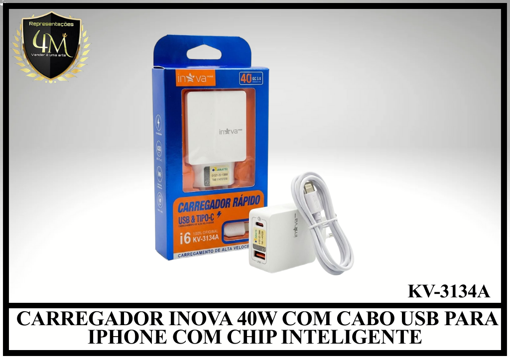 B69 - CARREGADOR INOVA 40W COM CABO USB PARA IPHONE COM CHIP INTELIGENTE KV-3134A