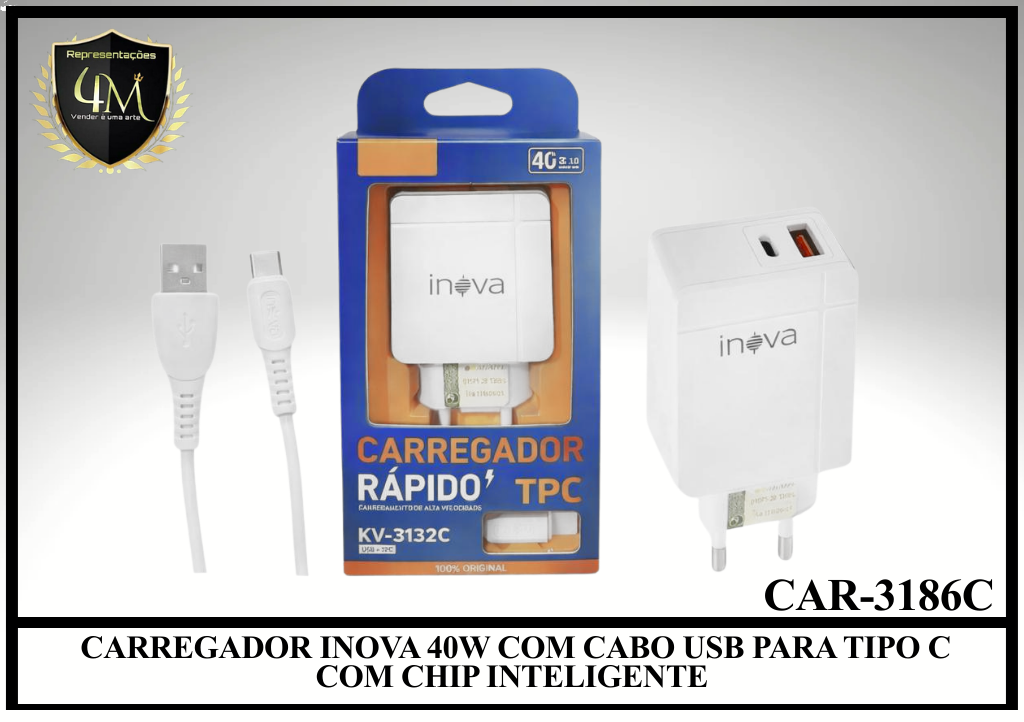 B70 - CARREGADOR INOVA 40W COM CABO USB PARA TIPO C COM CHIP INTELIGENTE CAR-3186C