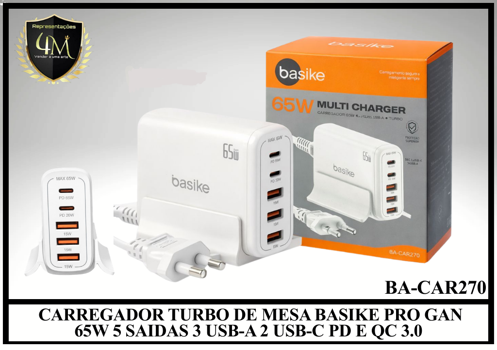 B71 - CARREGADOR TURBO DE MESA BASIKE PRO GAN 65W 5 SAIDAS 3 USB-A 2 USB-C PD E QC 3.0 Ba-CAR270