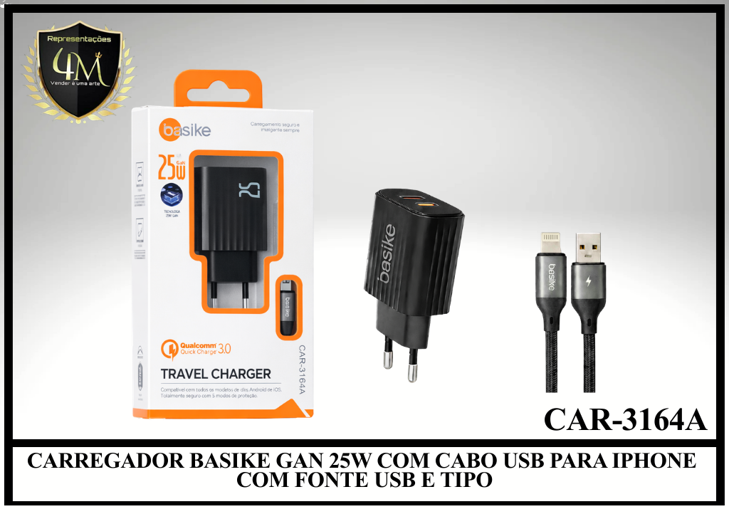 B72 - CARREGADOR BASIKE GAN 25W COM CABO USB PARA IPHONE COM FONTE USB E TIPO CAR-3164A