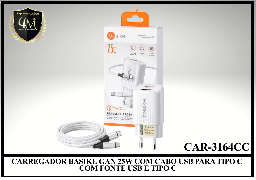 B73 - CARREGADOR BASIKE GAN 25W COM CABO USB PARA TIPO C COM FONTE USB E TIPO C CAR-3164CC