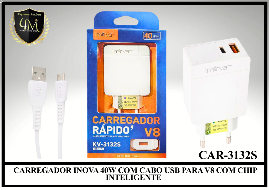 B74 - CARREGADOR INOVA 40W COM CABO USB PARA V8 COM CHIP INTELIGENTE CAR-3132S