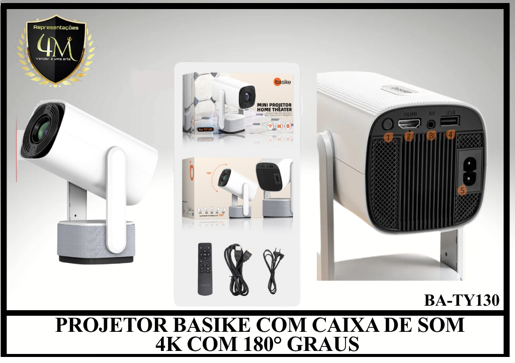 PROJ 08 PROJETOR BASIKE COM CAIXA DE SOM 4K COM 180° GRAUS Ba-TY130