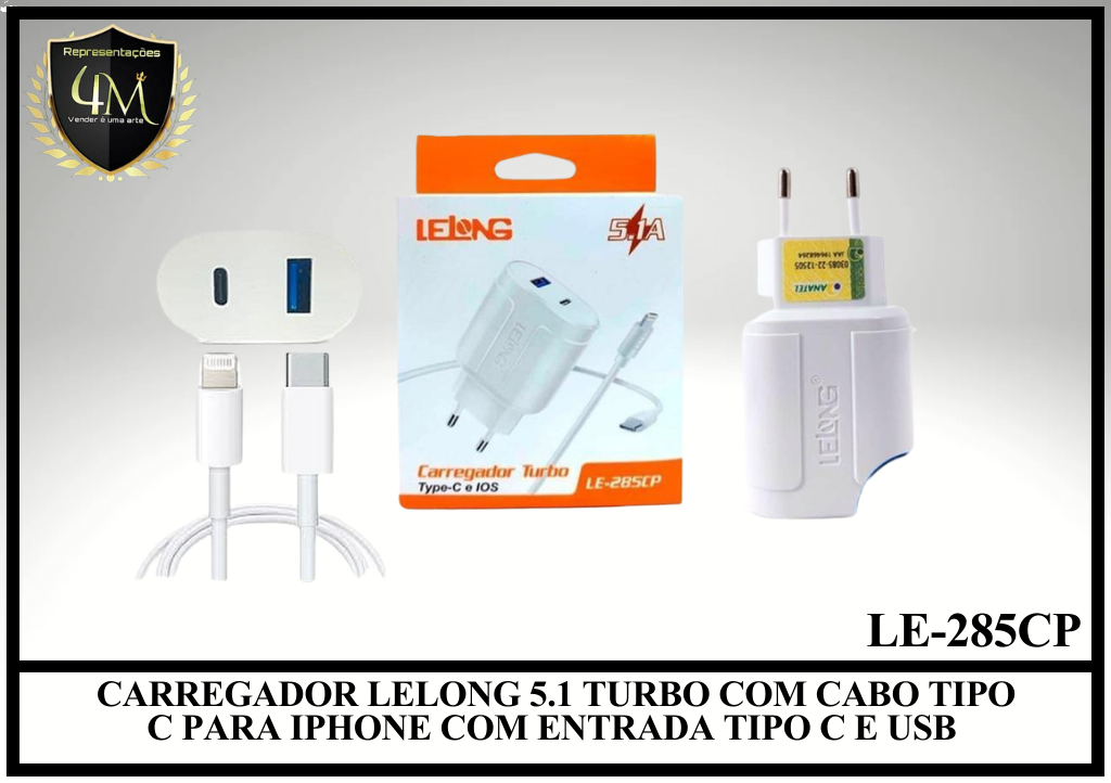 B76 - CARREGADOR LELONG 5.1 TURBO COM CABO TIPO C PARA IPHONE COM ENTRADA TIPO C E USB LE-285CP / LE-283CP