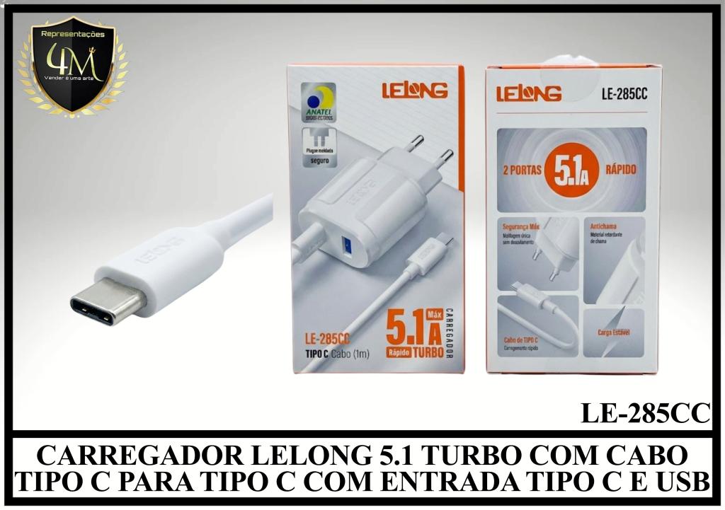 B77 - CARREGADOR LELONG 5.1 TURBO COM CABO TIPO C PARA TIPO C COM ENTRADA TIPO C E USB LE-285CC / LE-283CC