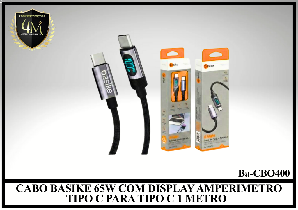 A113 - CABO BASIKE 65W COM DISPLAY AMPERIMETRO TIPO C PARA TIPO C 1 METRO Ba-CBO400