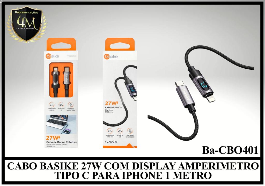 A114 - CABO BASIKE 27W COM DISPLAY AMPERIMETRO TIPO C PARA IPHONE 1 METRO Ba-CBO401