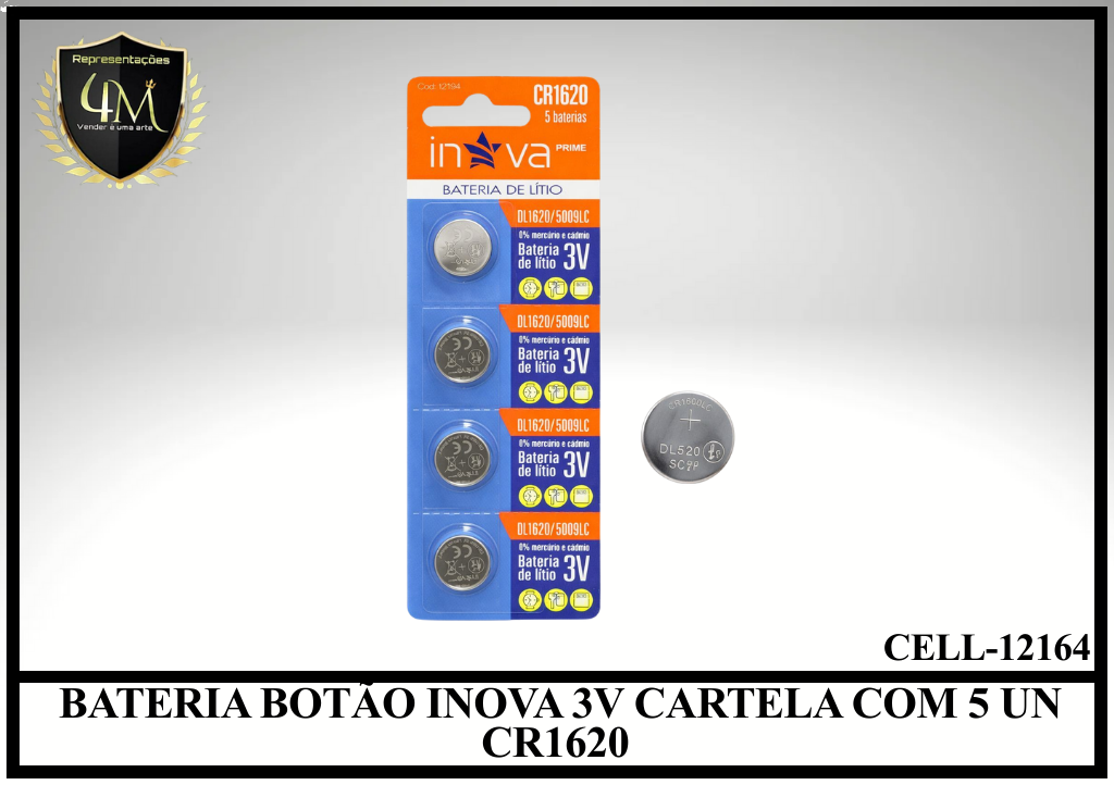 BAT 05 BATERIA BOTÃO INOVA 3V CARTELA COM 5 UN CR1620 CELL-12164