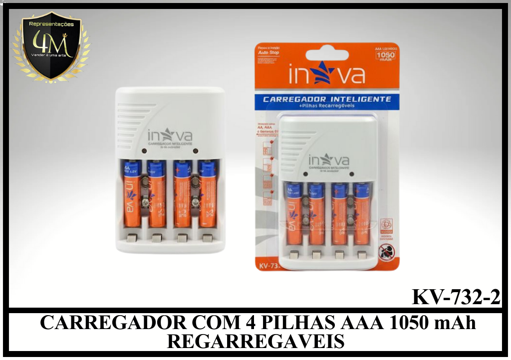 CPILHA 12 CARREGADOR COM 4 PILHAS AAA 1050 mAh REGARREGAVEIS KV-732-2