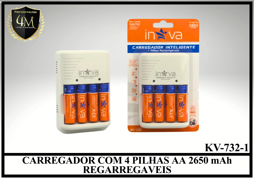 CPILHA 11 CARREGADOR COM 4 PILHAS AA 2650 mAh REGARREGAVEIS KV-732-1