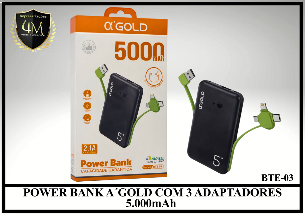 E025 POWER BANK A´GOLD COM 3 ENTRADAS 5.000mAh BTE-03