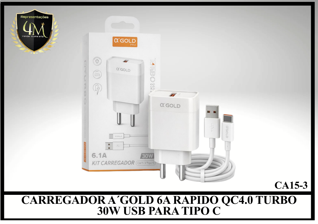 B79 - CARREGADOR A´GOLD 6A RAPIDO QC4.0 TURBO 30W USB PARA TIPO C CA15-3