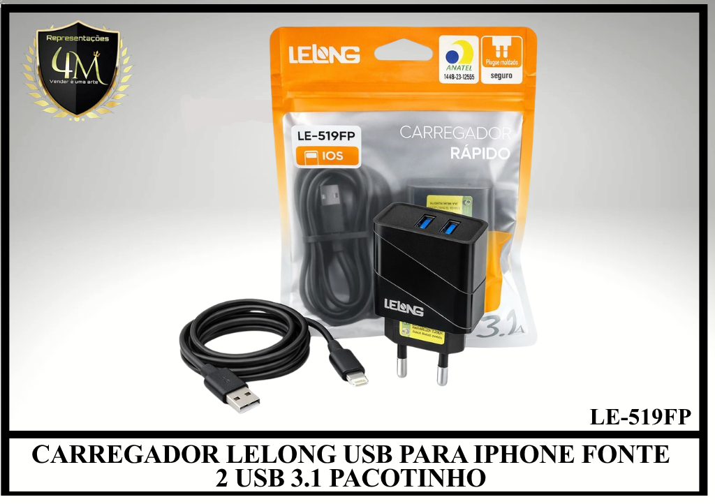 B83 - CARREGADOR LELONG USB PARA IPHONE FONTE 2 USB 3.1 PACOTINHO LE-519FP / LE-518FP