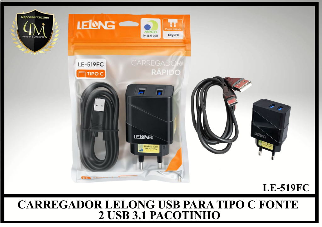 B84 - CARREGADOR LELONG USB PARA TIPO C FONTE 2 USB 3.1 PACOTINHO LE-519FC / LE-518FC