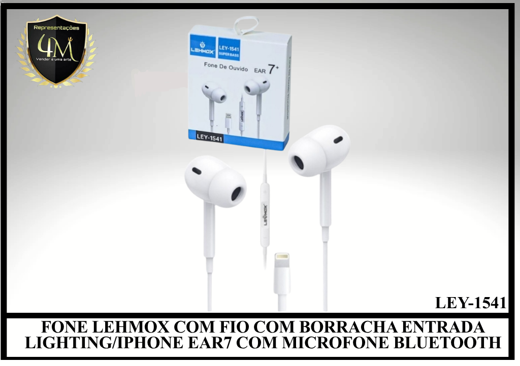 D65 - FONE LEHMOX COM FIO COM BORRACHA ENTRADA LIGHTING/IPHONE EAR7 COM MICROFONE BLUETOOTH LEY-1541