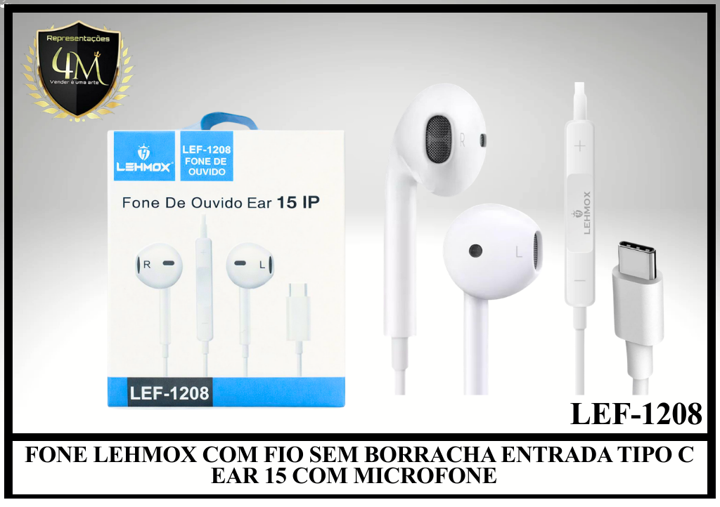 D66 - FONE LEHMOX COM FIO SEM BORRACHA ENTRADA TIPO C EAR 15 COM MICROFONE LEF-1208